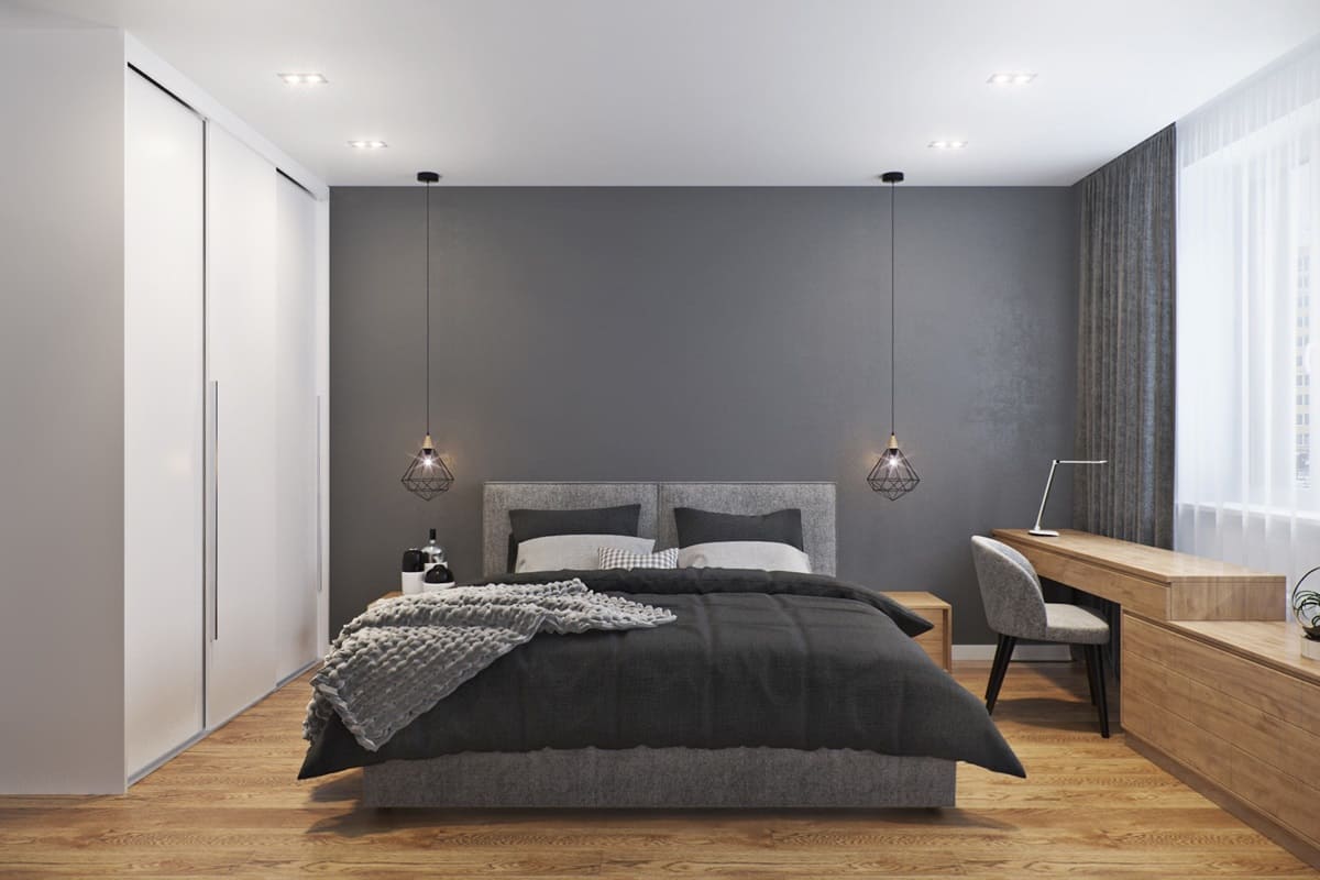 minimalistiskt sovrum med garderob
