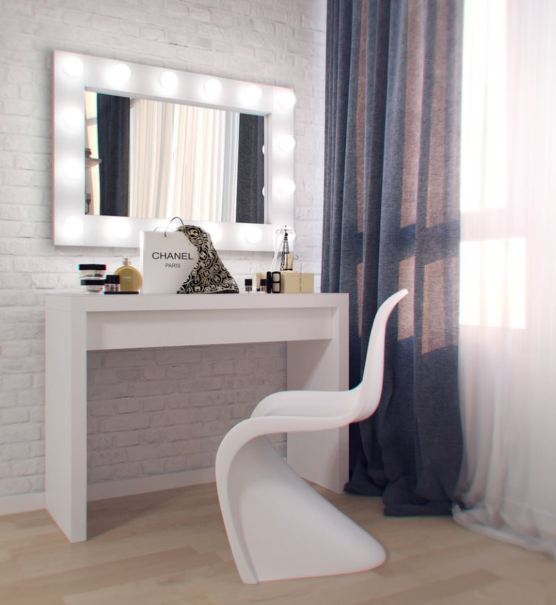 White dressing table near a translucent curtain
