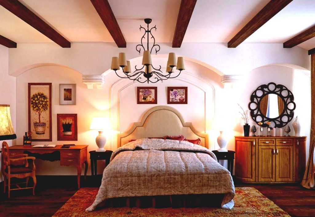 Wooden beams on the ceiling of the bedroom of a private house