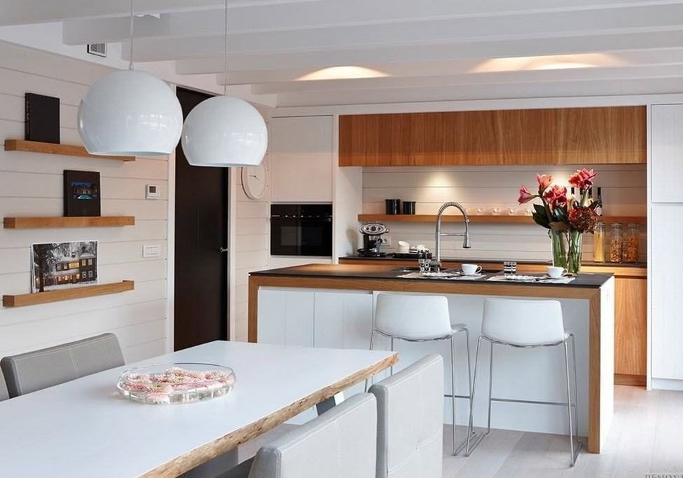 sufragerie design bucătărie culoare albă și lemn