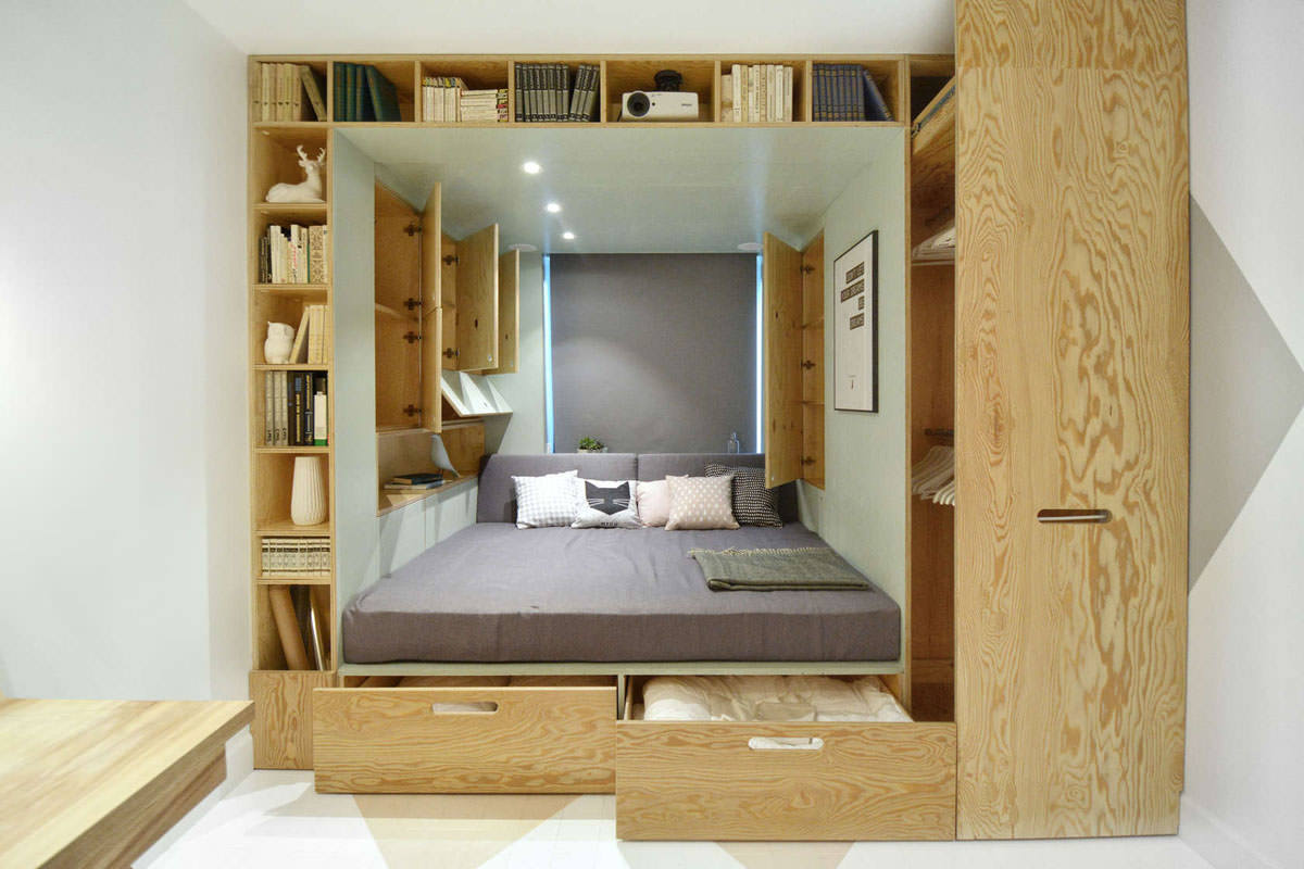 11 mp dormitor cu pat multifuncțional