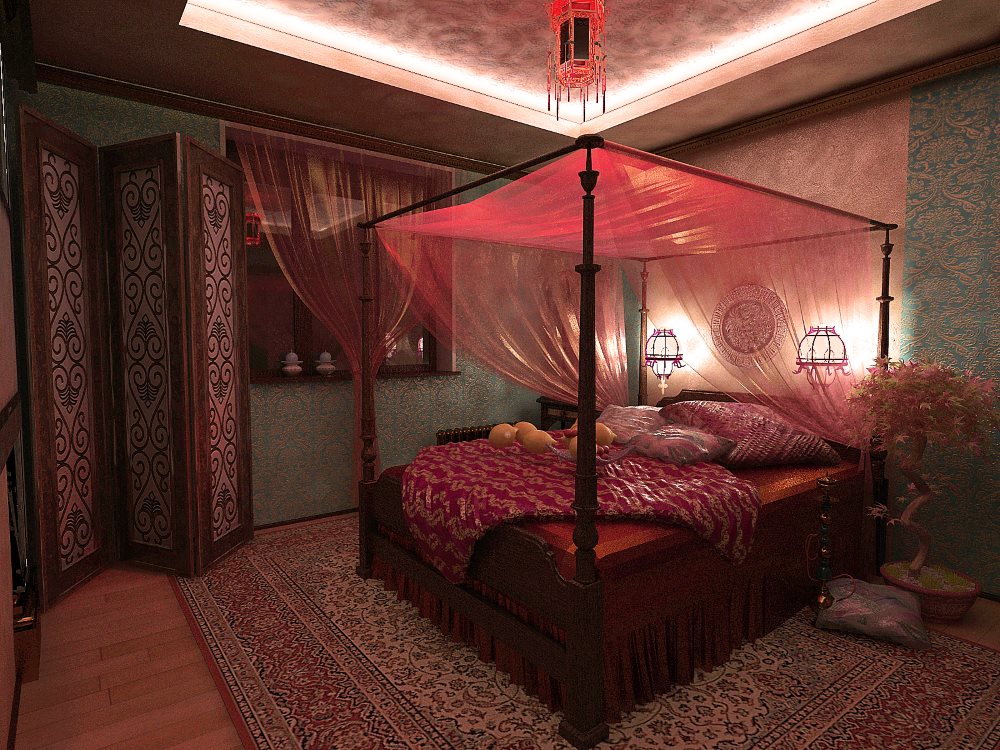 מיטת אפיריון בחדר השינה עם שטיח