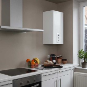 Gas boiler in the interior of the kitchen without hanging cabinets