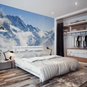 Realistic photo wallpaper in bedroom interior