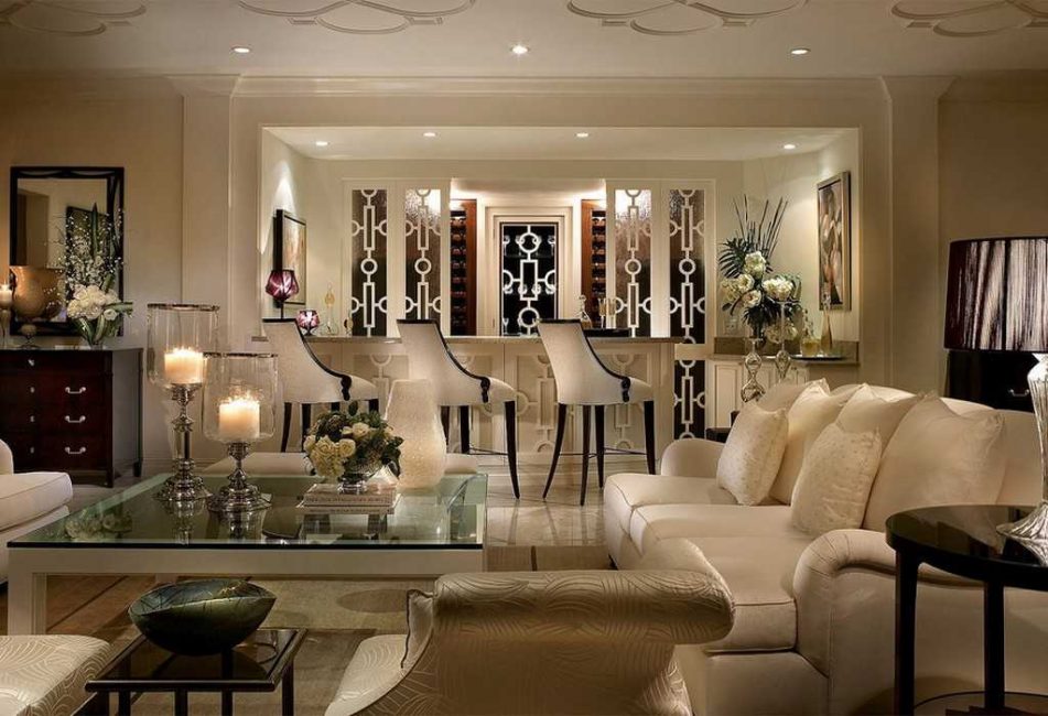 Design a large living room in the style of art deco