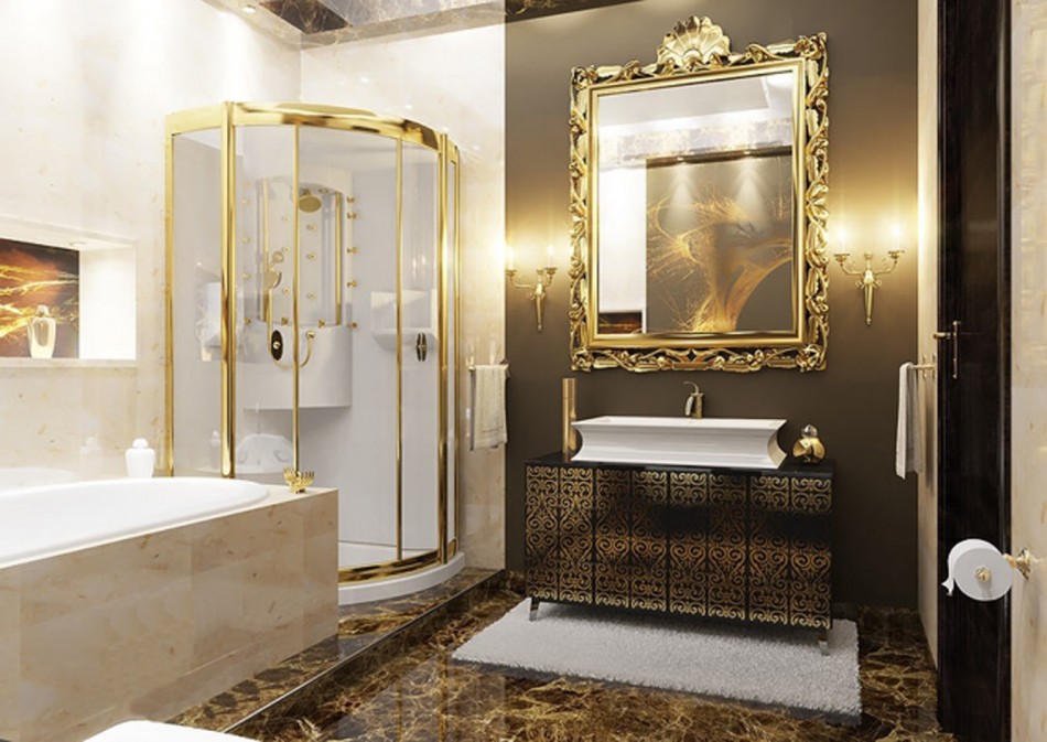 Gold-plated mirror frame in the bathroom
