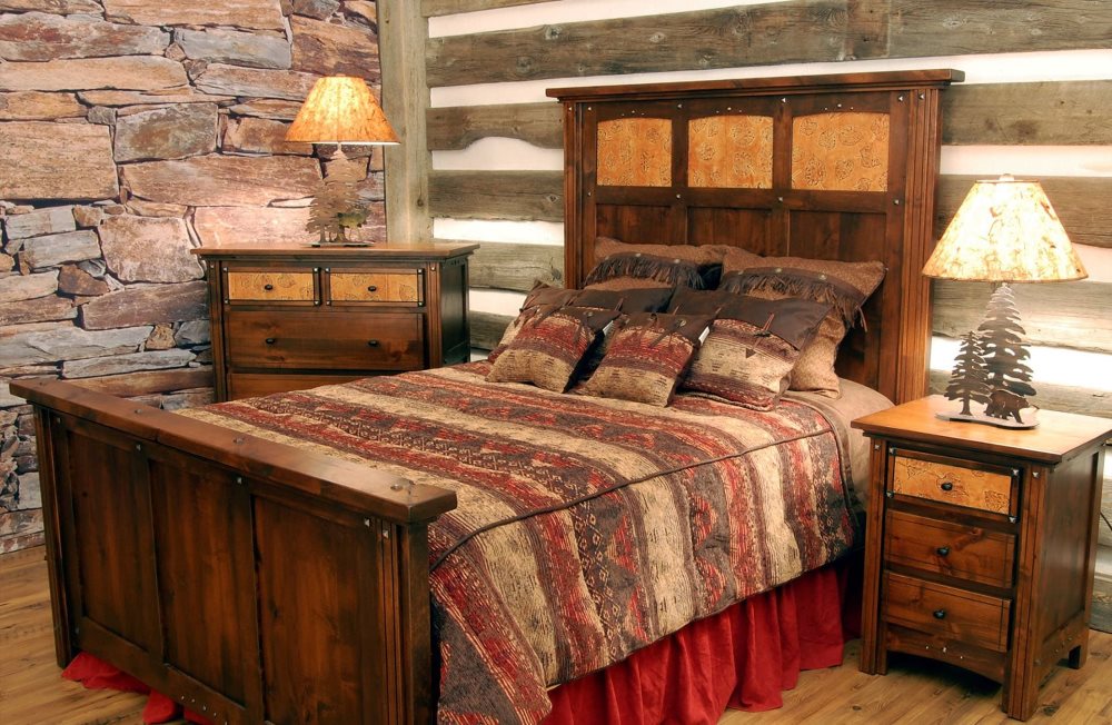Wooden bedside tables near the bed in the bedroom