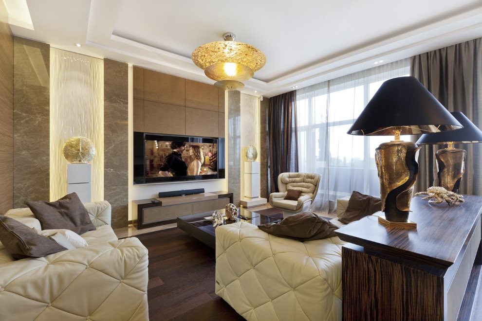 Brown in art deco style living room interior