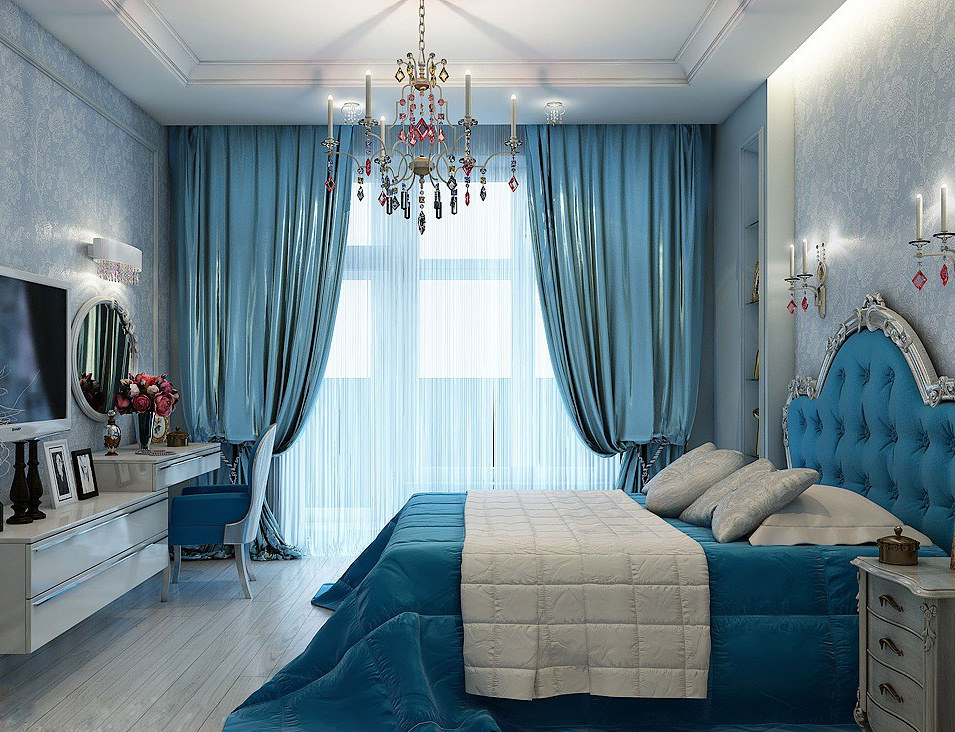 bilik tidur dalam foto reka bentuk warna biru