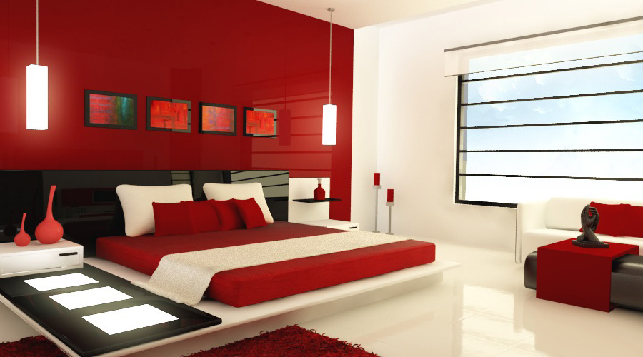 sarkanas guļamistabas interjera idejas