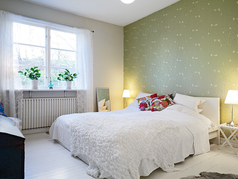 Skandināvu stila guļamistaba zaļa