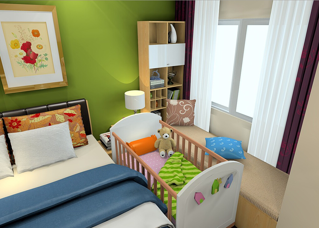 غرفة نوم وغرفة للأطفال في صورة غرفة واحدة