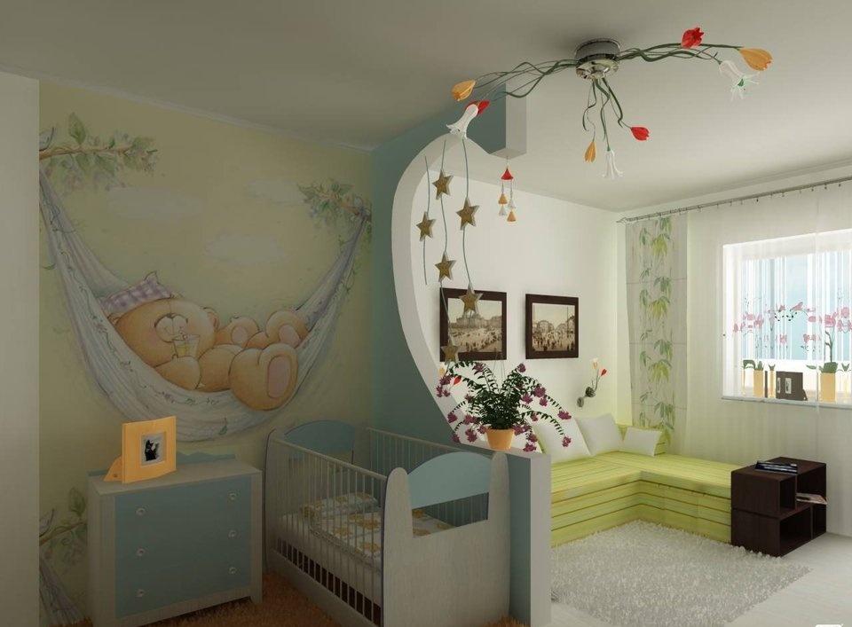 غرفة نوم وغرفة للأطفال في غرفة واحدة