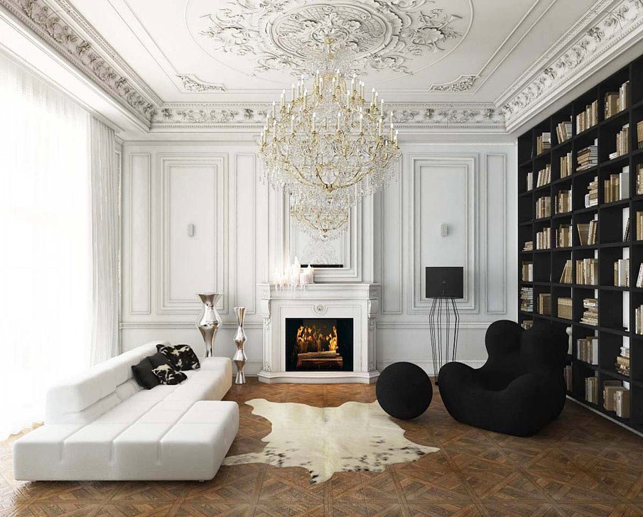 خزانة سوداء في غرفة المعيشة مع أريكة بيضاء