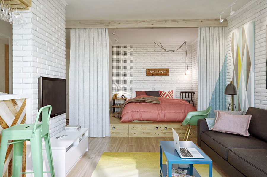 غرفة تصميم 20 متر مربع غرفة نوم وغرفة معيشة معا فكرة تقسيم المناطق الصورة