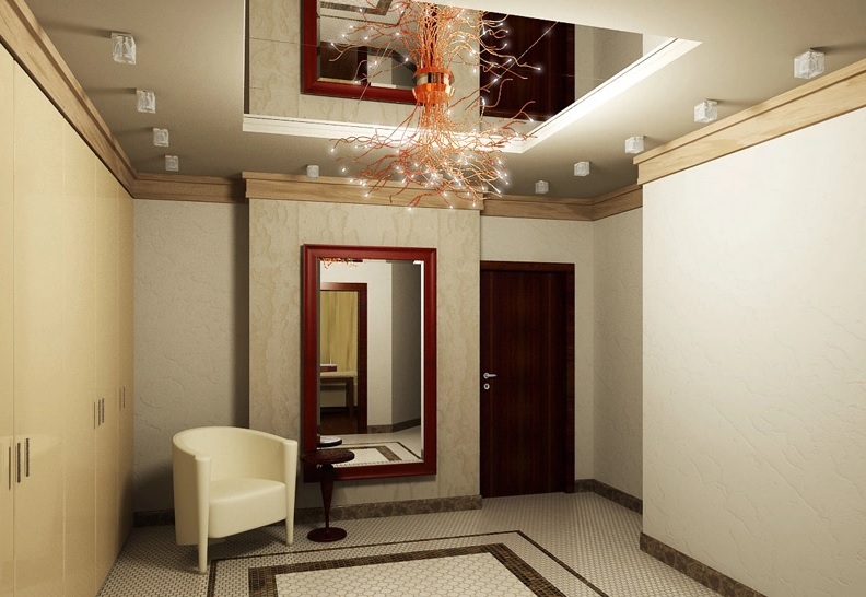 couloir avec plafond en placoplâtre avec miroir