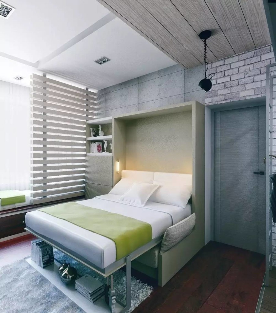 Studijas tipa dzīvokļa dizains ar saliekamo gultu