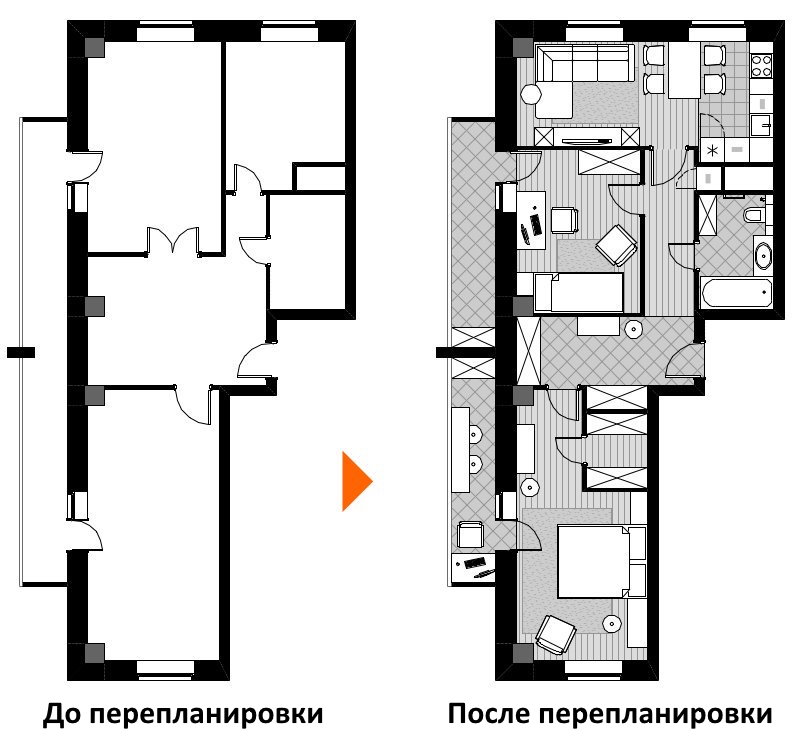 Divistabu čehu pārbūves projekts trīsistabu dzīvoklim