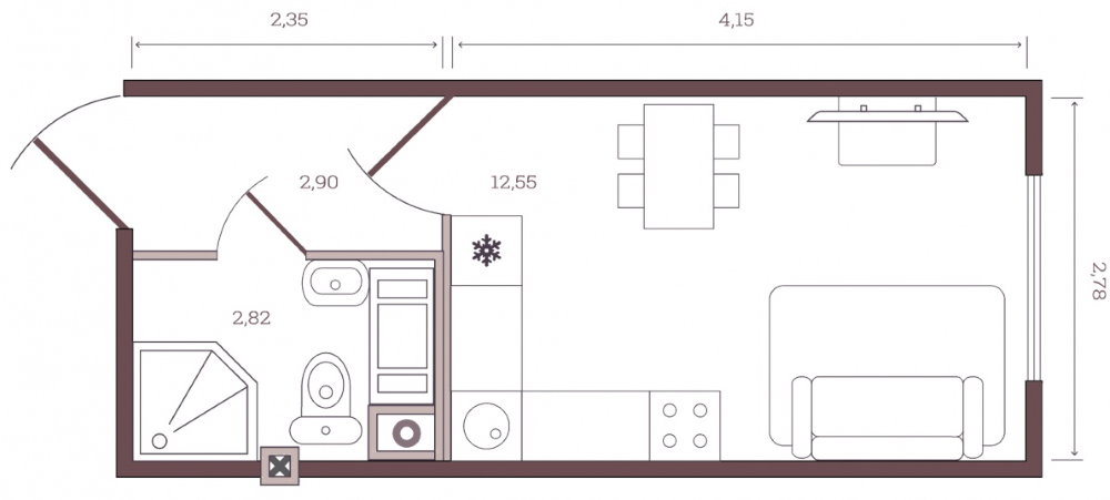 Plan van een studio-appartement van 18 m²