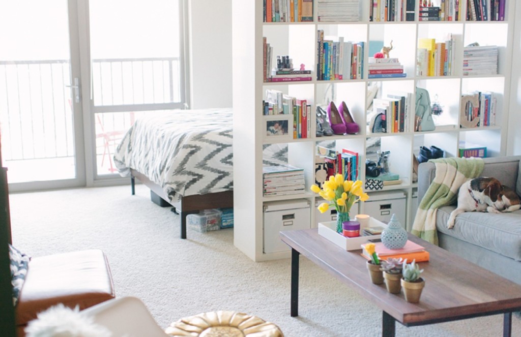 Zoning ein Studio-Apartment mit einem Bücherregal