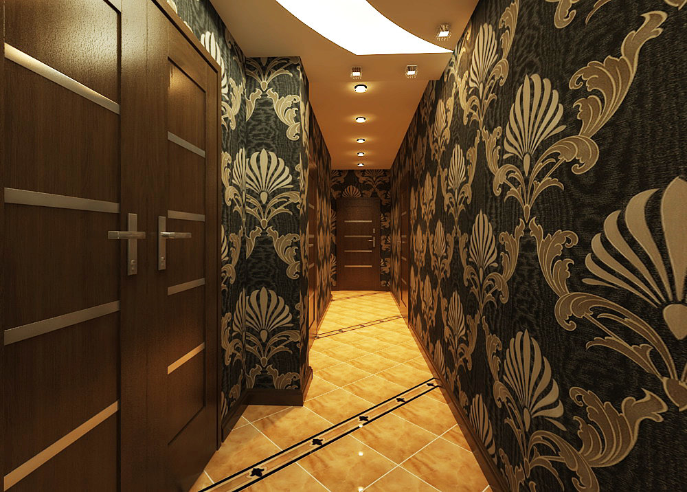 wallpaper in the hallway with dark doors