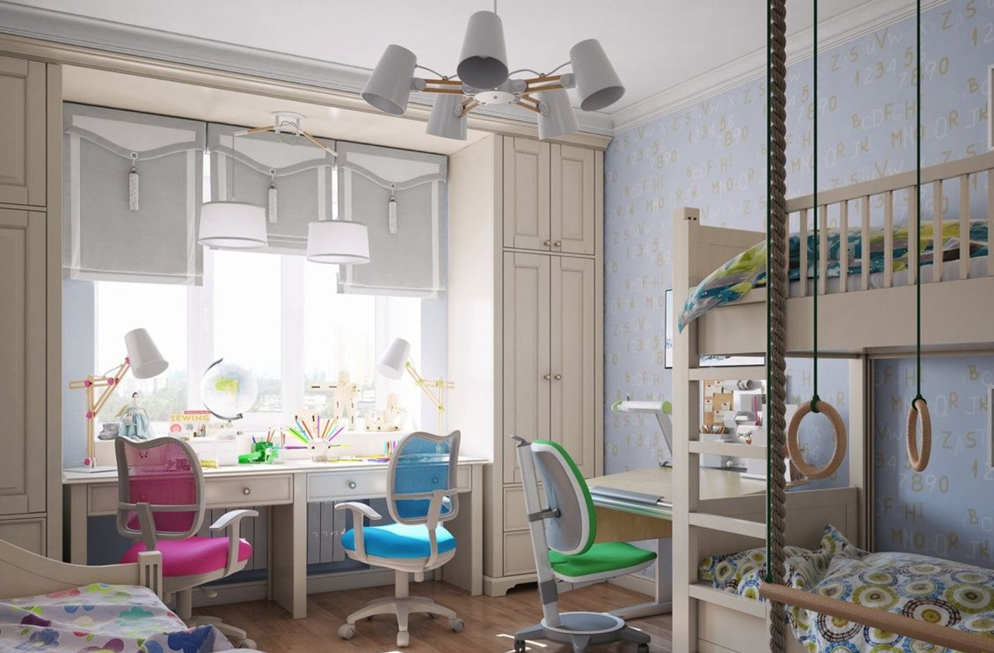غرفة للأطفال لثلاثة أطفال تصميم الأفكار