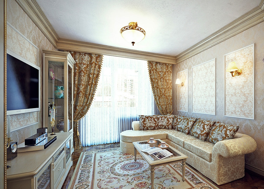 Klasiska viesistaba ar stūra dīvānu