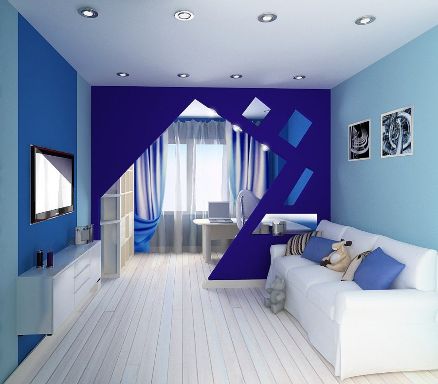 การออกแบบห้องนั่งเล่นในโทนสีฟ้าและสีฟ้า 17 ตารางเมตร