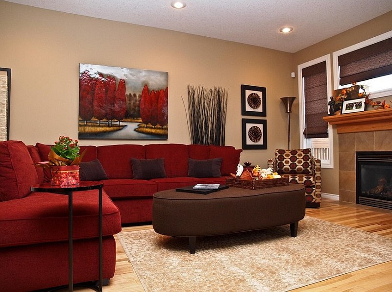 design obývacího pokoje 17 m2 v červených barvách