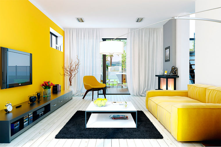 Wohnzimmer 17 qm in gelben Farben