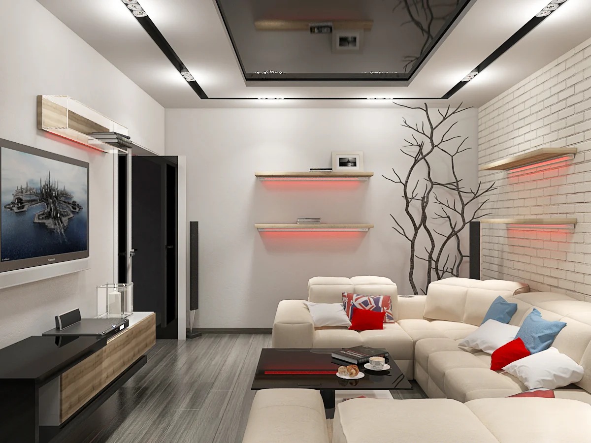 تصميم غرفة المعيشة 17 متر مربع التكنولوجيا الفائقة