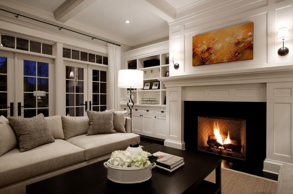 Bright living room with a real fireplace