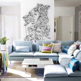 Drawing of a girl with flowers on the living room wall