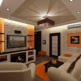 Dzīvojamās istabas dizains ar daudzlīmeņu griestiem
