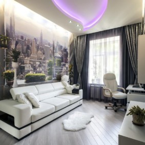 Design of a small room with wall murals on the wall