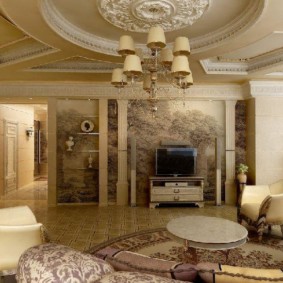 Classic living room with stucco molding on the ceiling