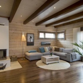 Wooden beams on a white ceiling