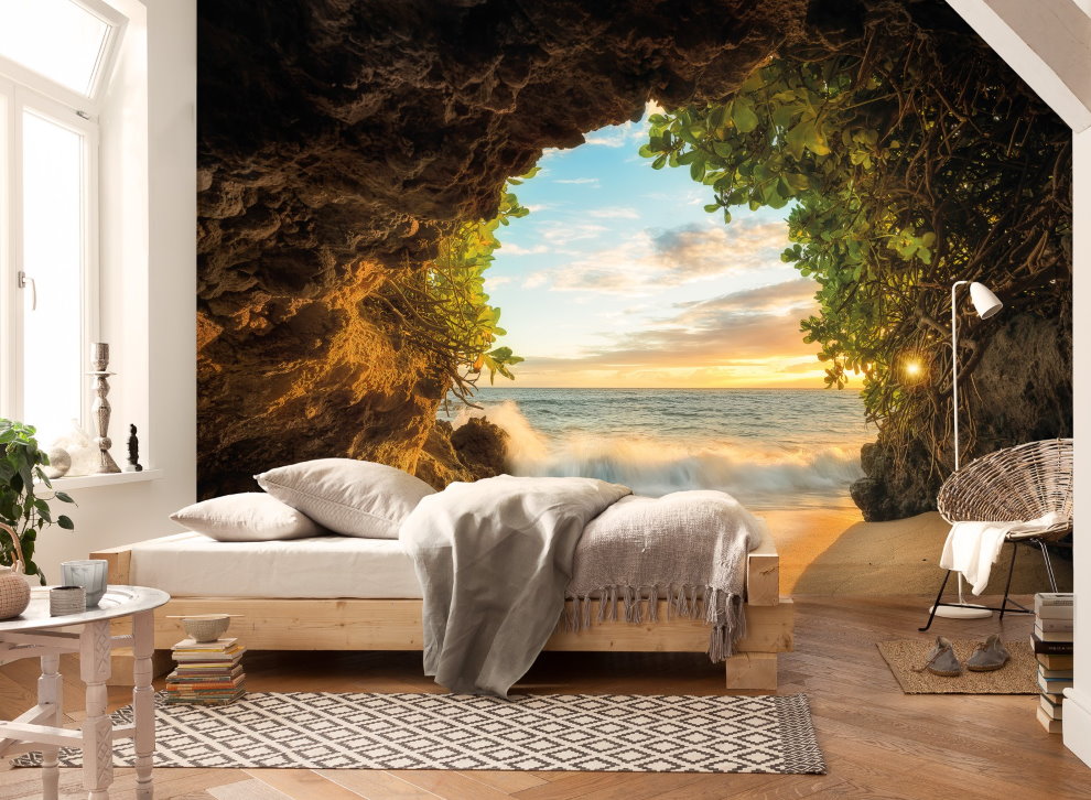 Realistic photo wallpaper in odnushka sleeping area