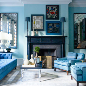 غرفة المعيشة بألوان زرقاء تصميم الأفكار