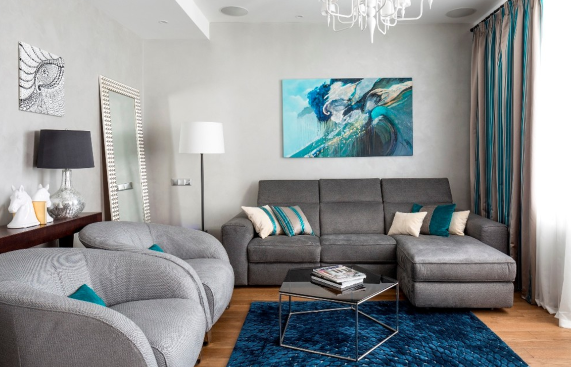dzīvojamā istaba zilos toņos dizaina foto