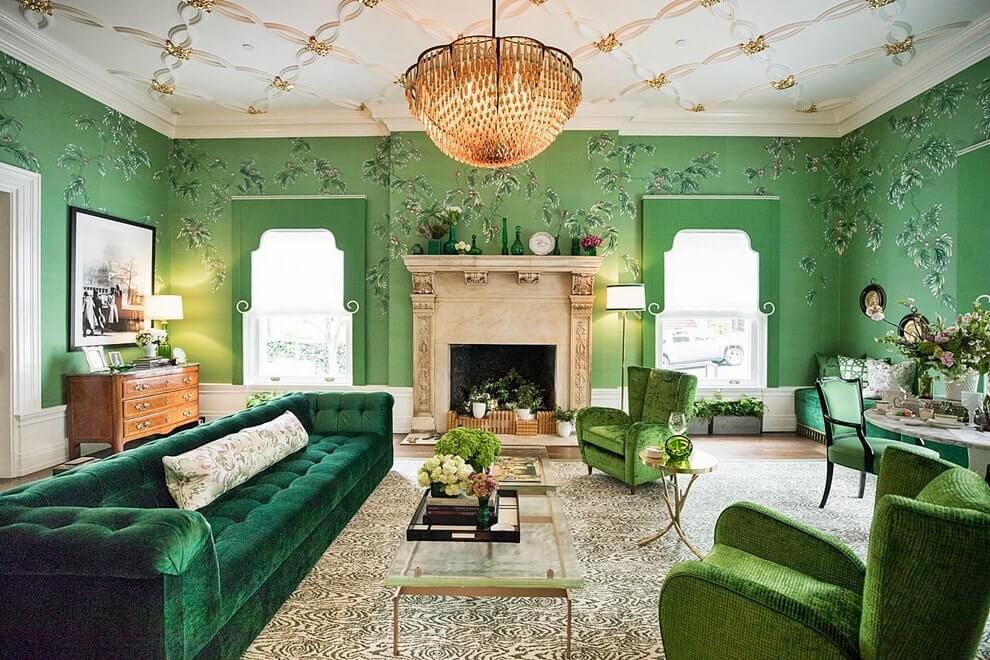 dzīvojamā istaba ar zaļu dizainu