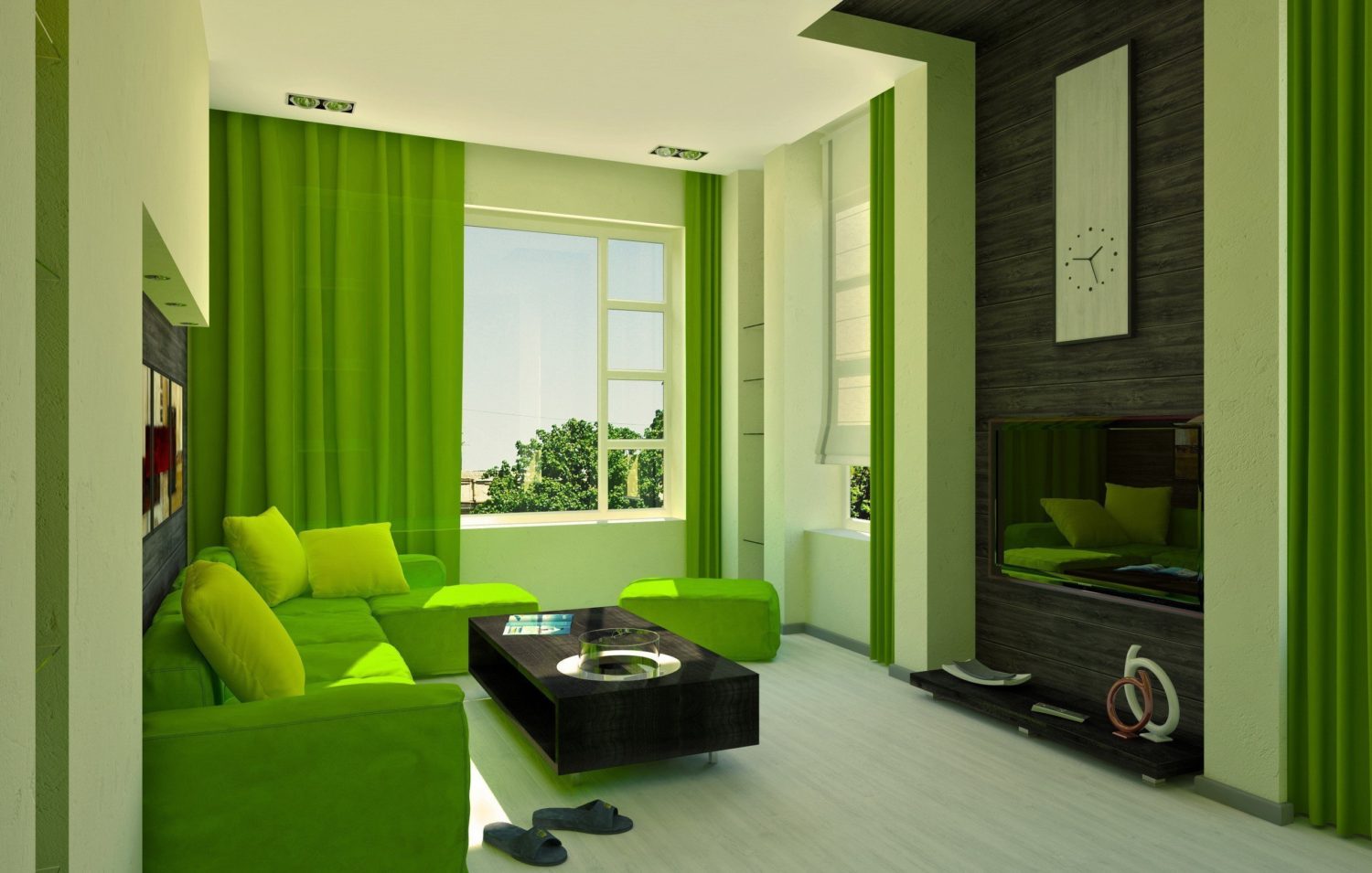 living room in green interior photo