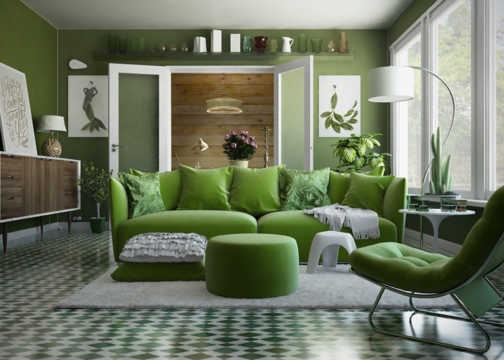Wohnzimmer in grüner Dekoration