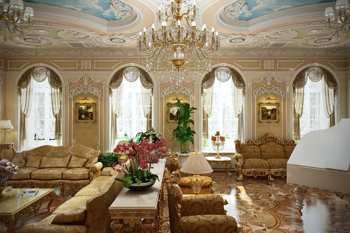 baroko stiliaus gyvenamojo kambario dizaino nuotrauka