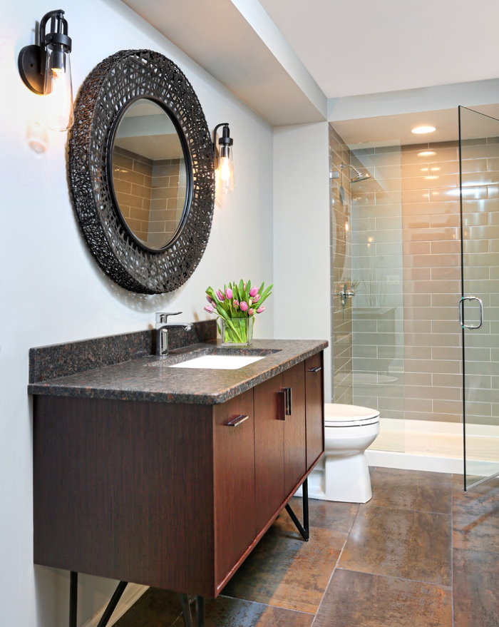 Granite countertops in a modern style bathroom
