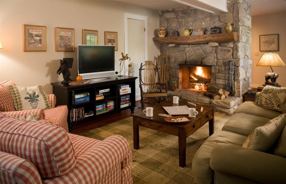 TV in the living room with fireplace