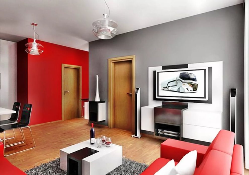 Photo d'une chambre rouge-gris dans un appartement