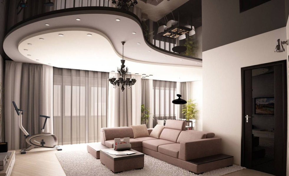 Combined ceiling with several levels in the living room