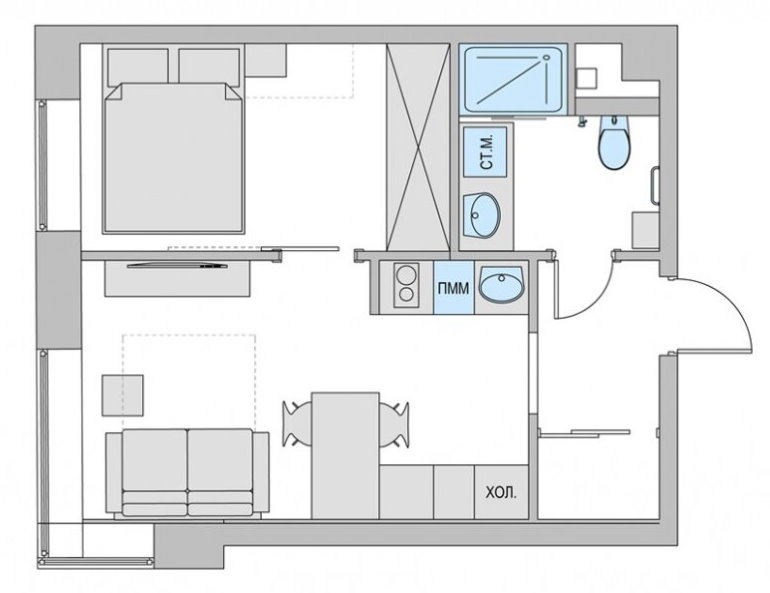خطة 38 متر مربع لشقة من غرفة واحدة بعد إعادة عرض من odnushka