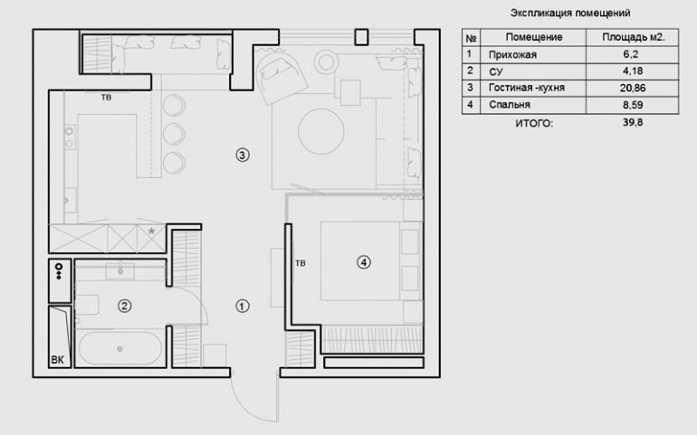 40 kvadrātmetru studijas tipa dzīvokļa pārbūves shēma